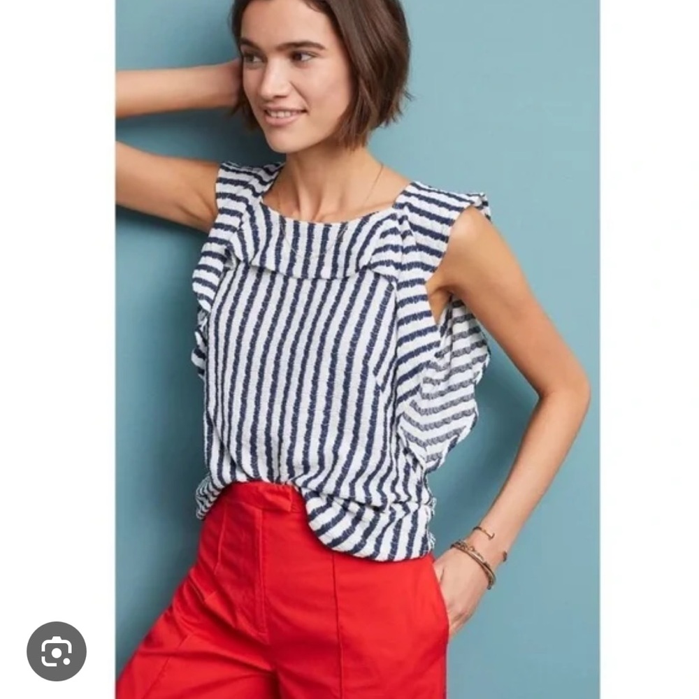 🧿 NWT Anthropologie Eva Franco navy and white ruffle and tie back top large